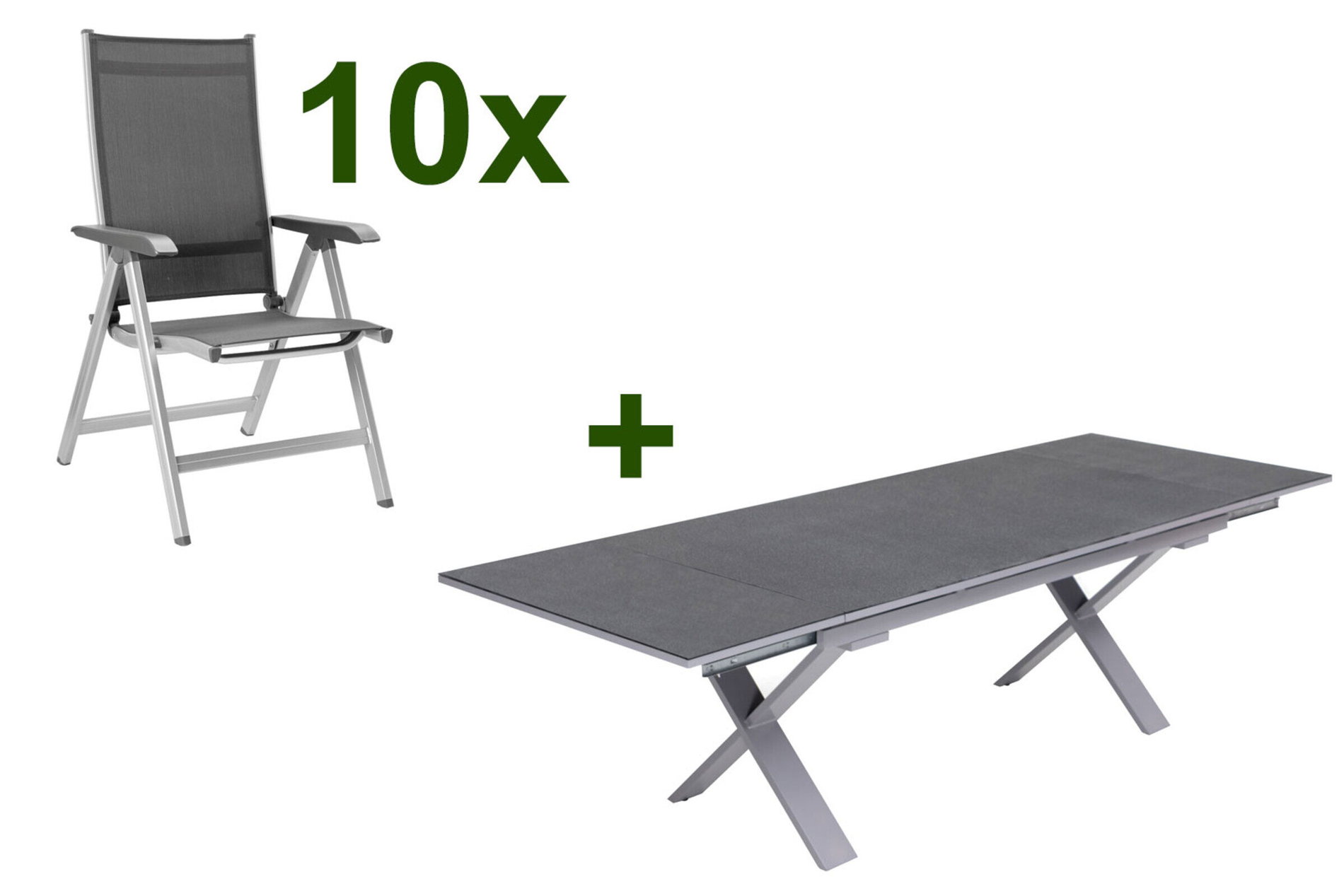 KETTLER BasicPlus Groupe de repas jardin, argent / anthracite, Alu / Spraystone / Textilène, Table 180/280x100cm, 10 chaises pliantes 23009__1
