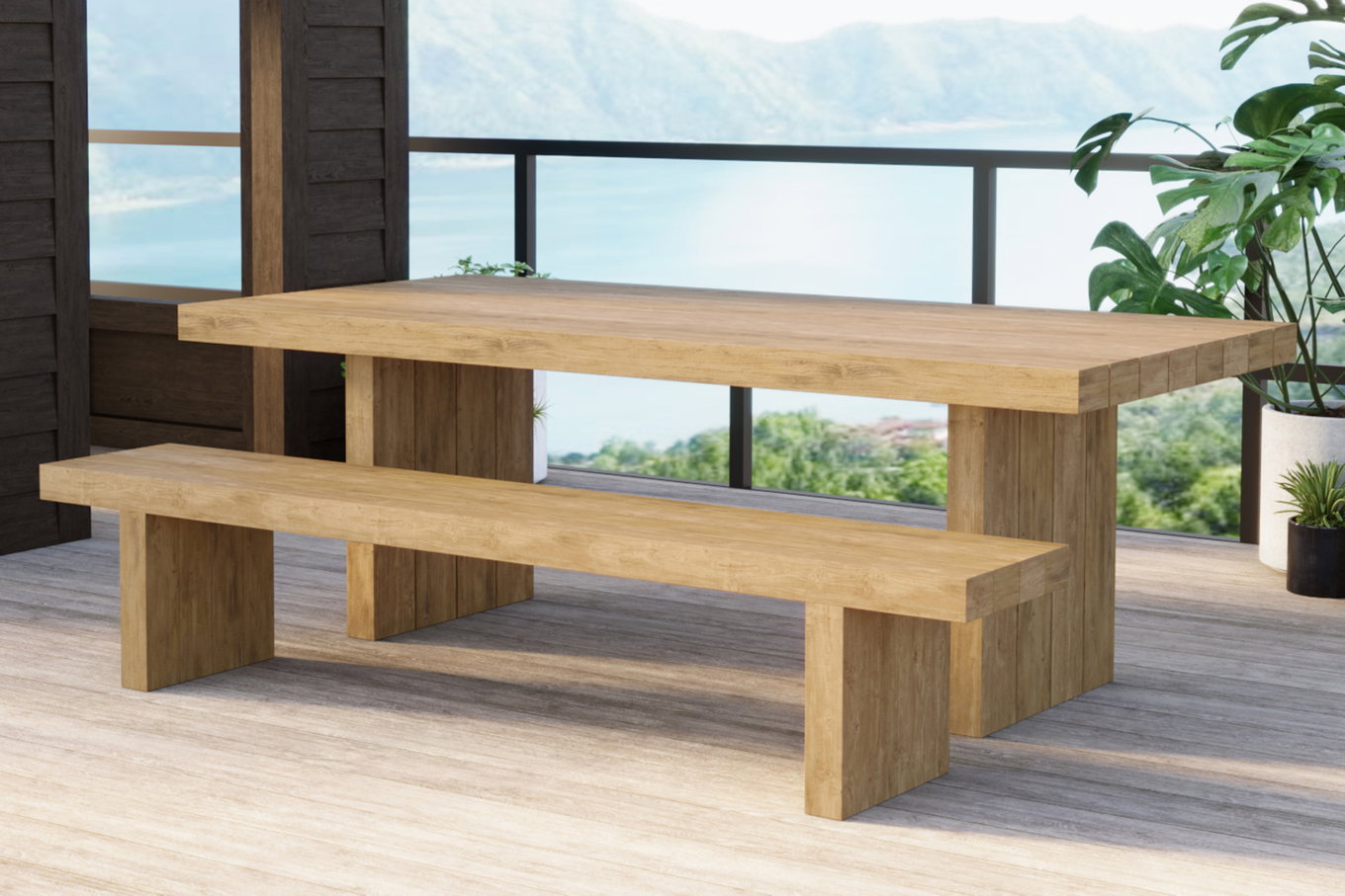 OUTFLEXX Encino Salon de jardin, naturel/teck recyclé, Banc 220x50, Table 220x107, Brossé, Recyclé, Produit certifié FSC® 31457__1