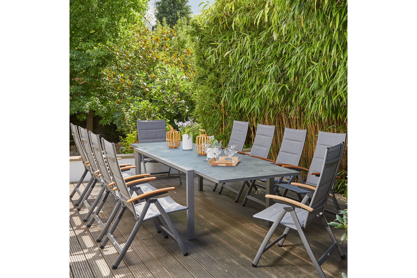 SIENA GARDEN Savina XL/Kingston Salon de jardin, graphite mat/gris/slate look, Alu/Teck/Texfabric, Table 220/340x108 cm, 10 chaises pliantes 22034__1
