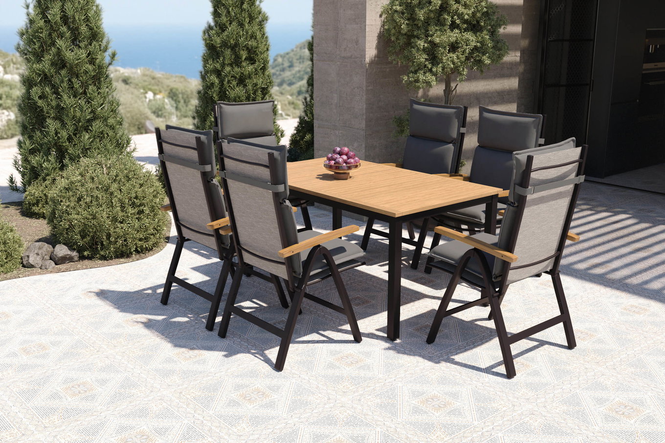 VILLANA Lagos Salon de jardin, noir/gris foncé, Alu/Eucalyptus/Textilène, 150/200 x 90 cm, extensible, pliable, produit certifié FSC® 80726__1