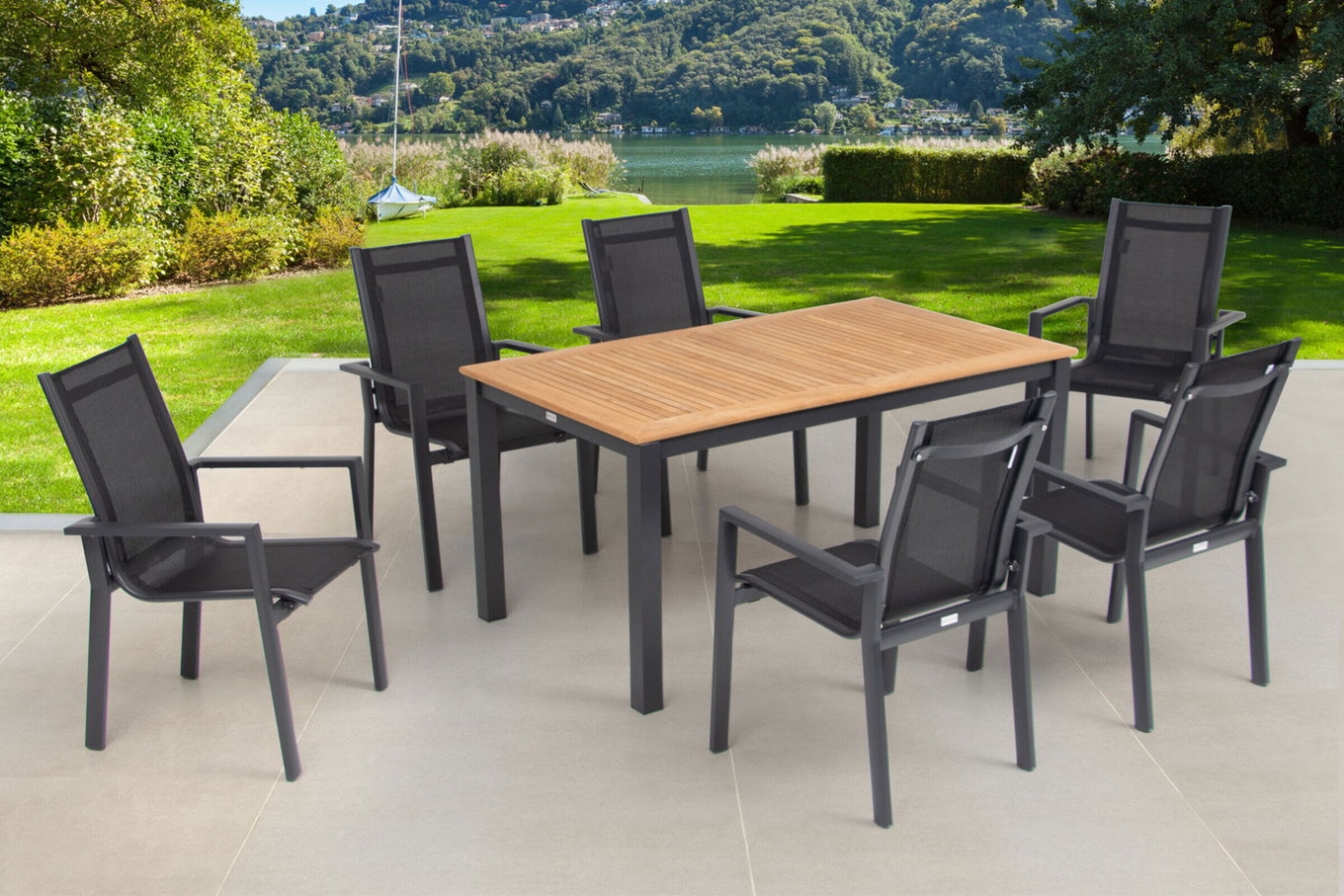 OUTFLEXX Groupe de repas de jardin, OUTFLEXX® anthracite mat, Alu / Teck / Textilène, Table extensible 150/210x90cm, 6 fauteuils empilables 22178__1