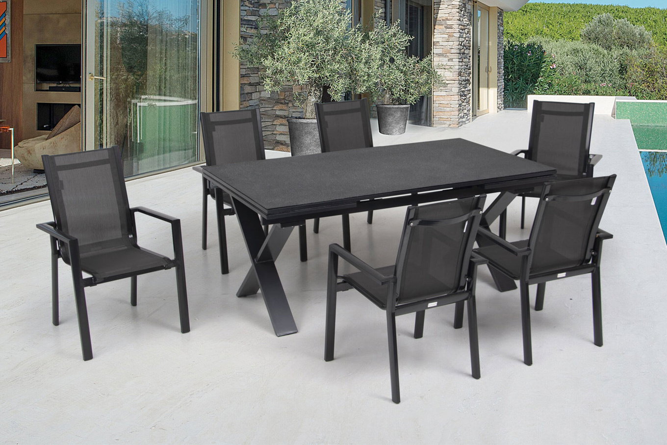 OUTFLEXX Ensemble repas de jardin, anthracite, Alu / Céramique / Textilène, 180/280x100cm, 6 fauteuils empilables 22232__1