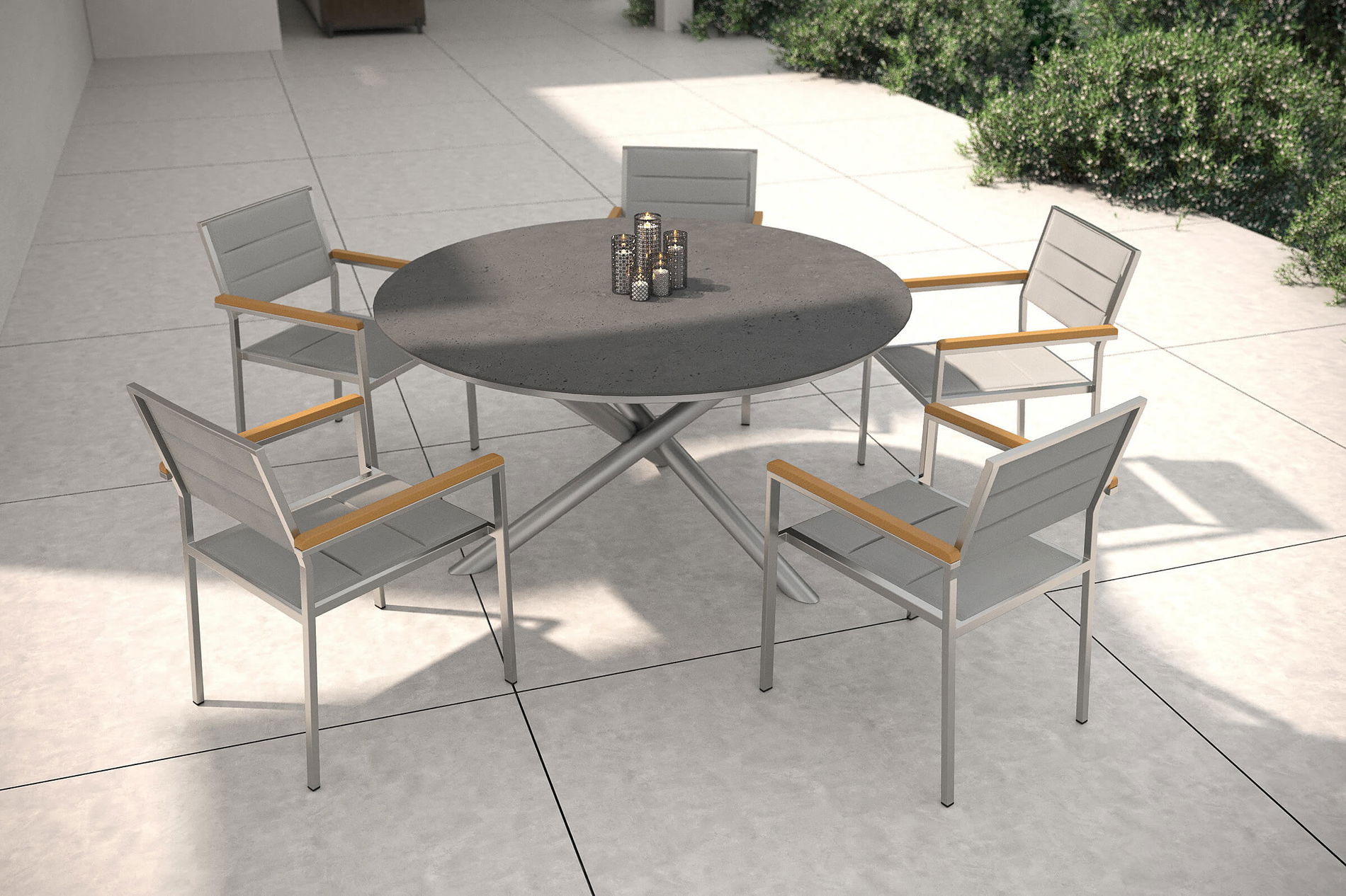 OUTFLEXX Ensemble repas de jardin, argent/taupe, acier inoxydable/vitrocéramique/Textilène/Teck, table Ø150cm, 5 chaises, padded 24051__1