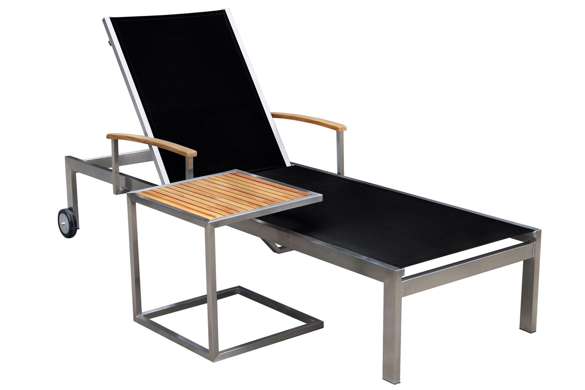 OUTFLEXX Ensemble de bains de soleil, noir, acier inoxydable/teck, 195,5x74x35cm, avec accoudoirs, incl. table d'appoint 45x45cm, produit certifié FSC® 16545__1