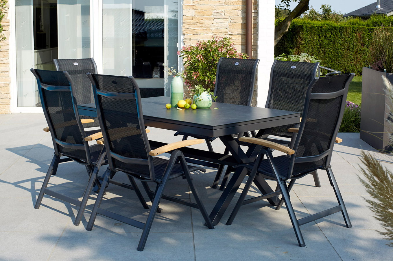 HARTMAN Xanadu / Alice Salon de jardin repas, xerix/naturel, Alu/Teck/Vitrocéramique, 4x4 Textilène, 6 Chaises pliantes, 160/220x100cm, Accoudoirs en teck 23245__1