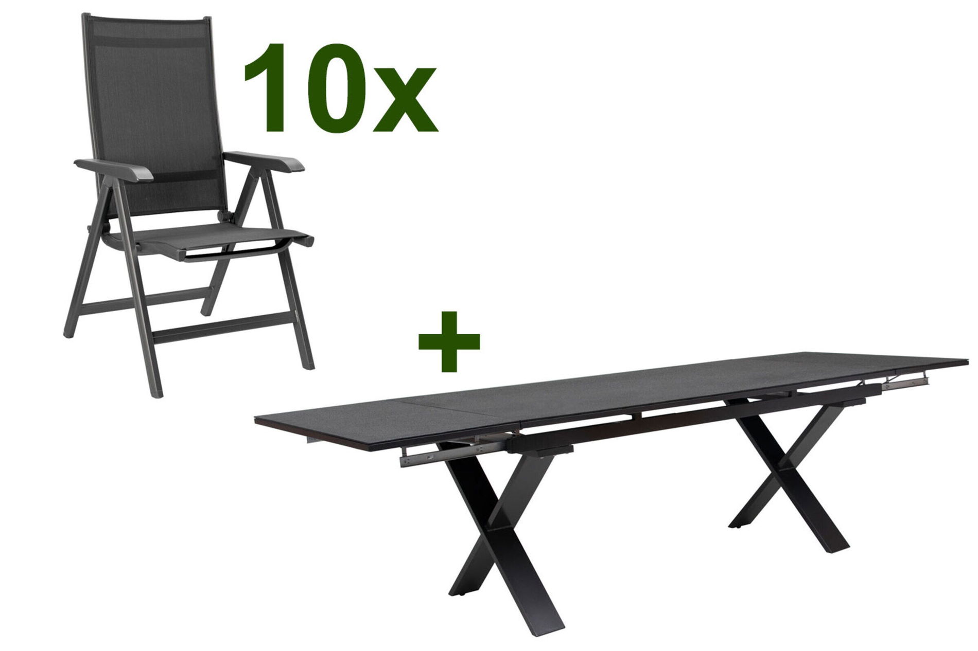 KETTLER BasicPlus Groupe repas de jardin, anthracite, Alu / Spraystone / Textile, Table 180/280x100cm, 10 Chaises pliantes 23075__1