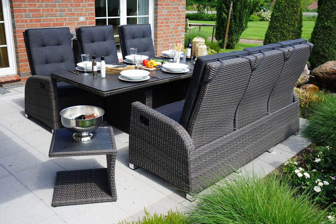 OUTFLEXX Rocking Comfort Set, gris/brun chiné, résine tressée, table 220 x 100 cm, 6 personnes 18837__1