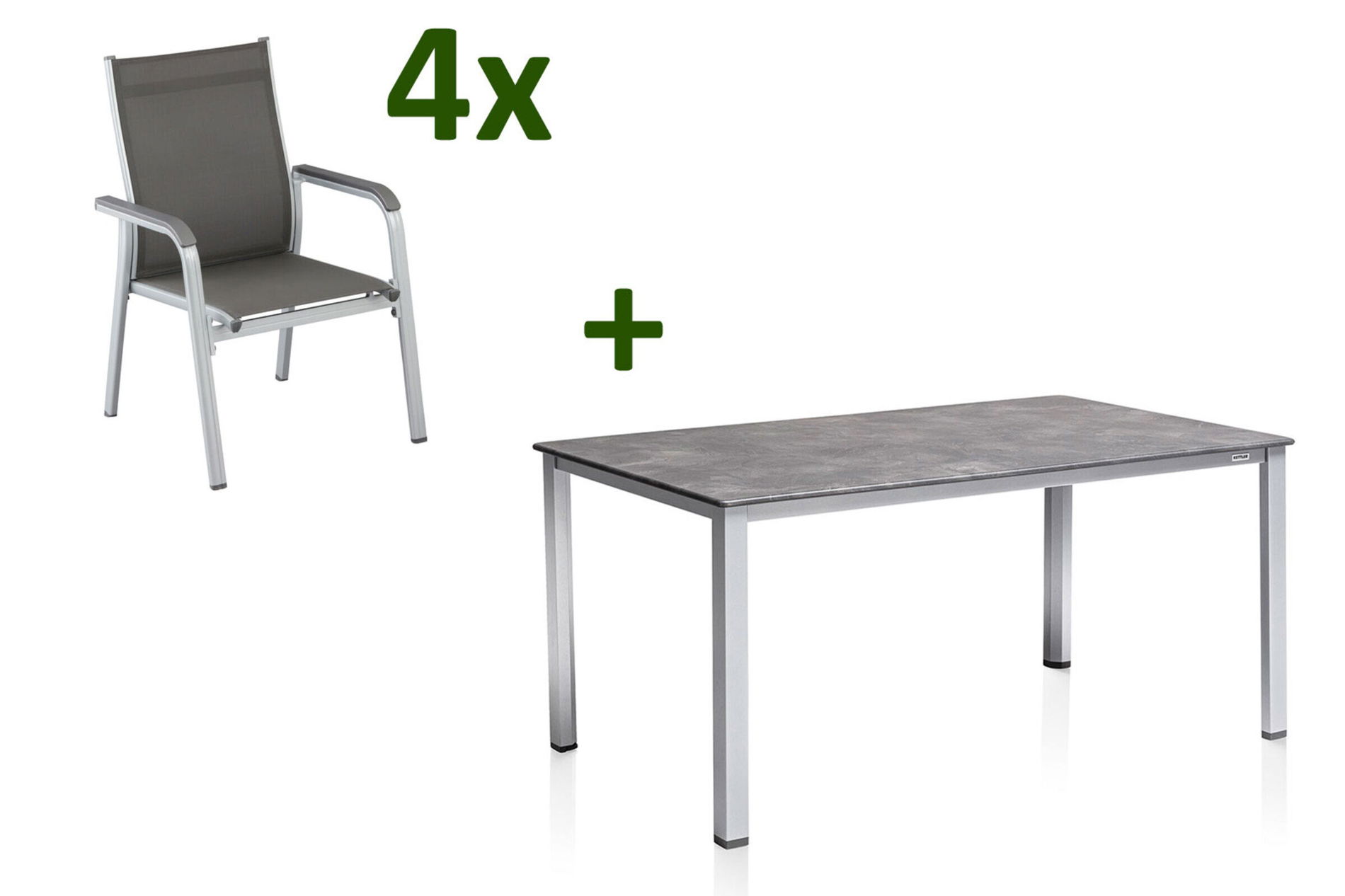 KETTLER Cubic/Basic Plus Ensemble repas de jardin, argenté/anthracite, Alu/Textilène, Table 160x90 cm, 4 fauteuils empilables 28696__1