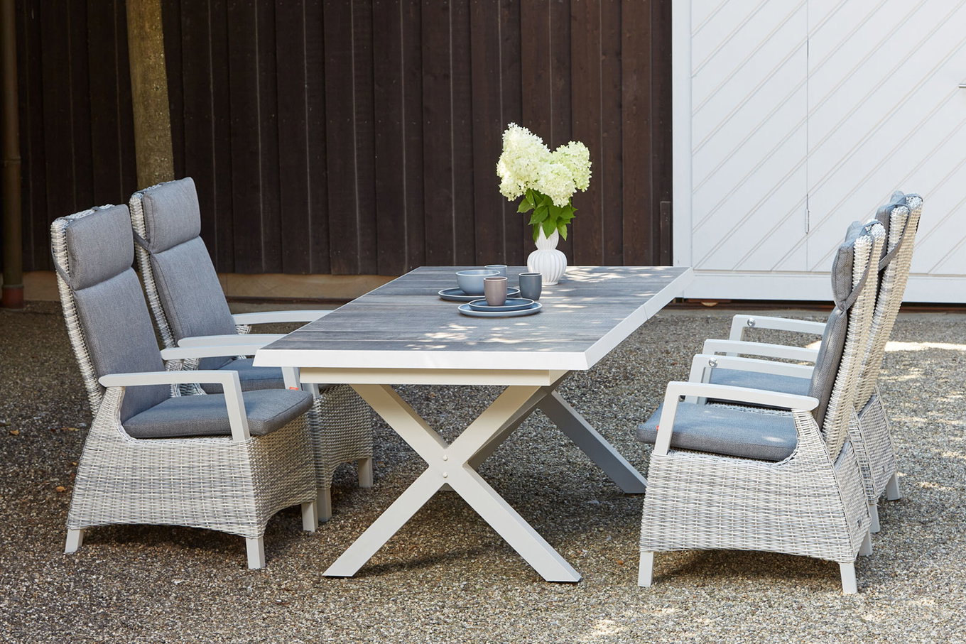 SIENA GARDEN Corido/Sincro Salon de jardin repas, ice grey/blanc gris, Alu/Tressage Gardino®/Céramique, Table extensible 200/260x100 cm, 4 Fauteuils Dining Move 22088__1