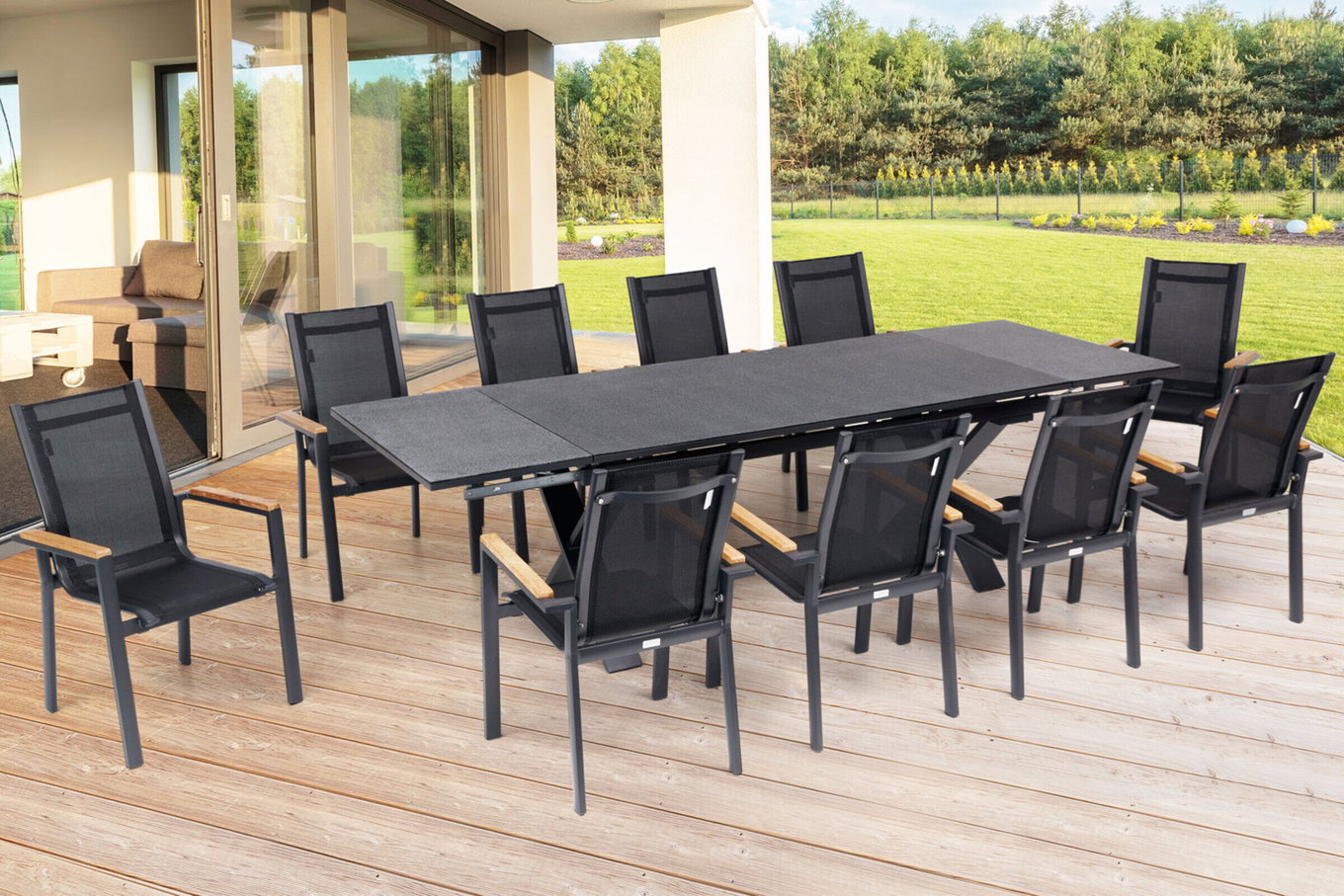 OUTFLEXX Ensemble repas de jardin, OUTFLEXX® anthracite mat, Alu / Spraystone / Teck, Table 180/280x100cm, 10 fauteuils empilables 22129__1