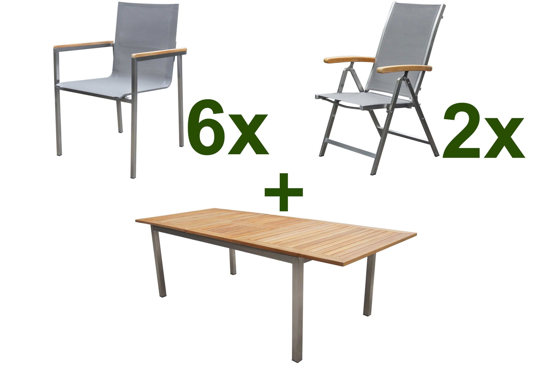 OUTFLEXX Ensemble table à manger de jardin, taupe, 200/300 x 100 cm, acier inoxydable/teck, table extensible, 6 chaises empilables, 2 chaises pliantes, produit certifié FSC® 14151__1