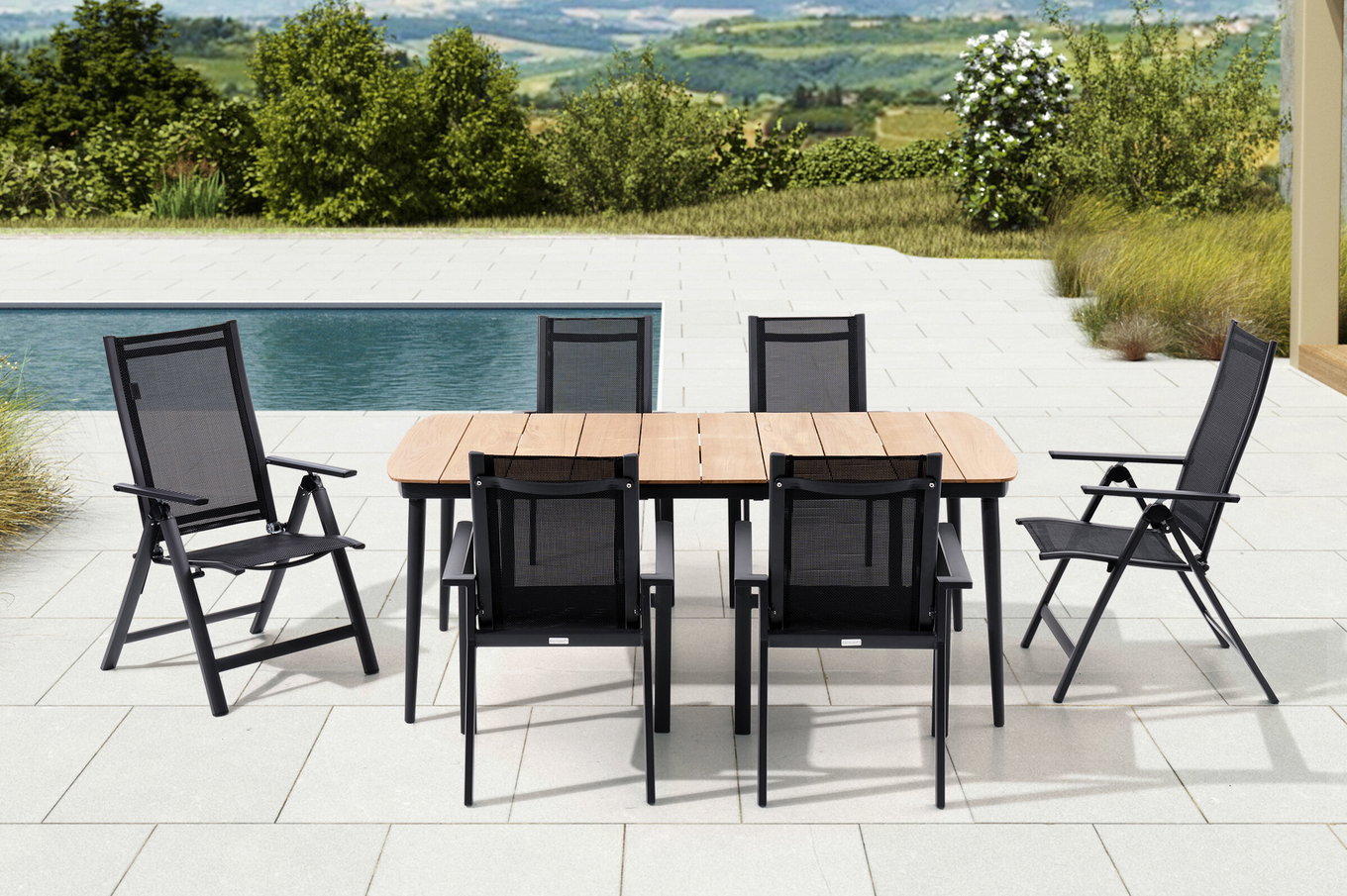 OUTFLEXX Salon de jardin repas, anthracite mat, Alu/Teck/Textilène, 185 x 100 cm, 4 fauteuils empilables, 2 chaises pliantes 28211__1