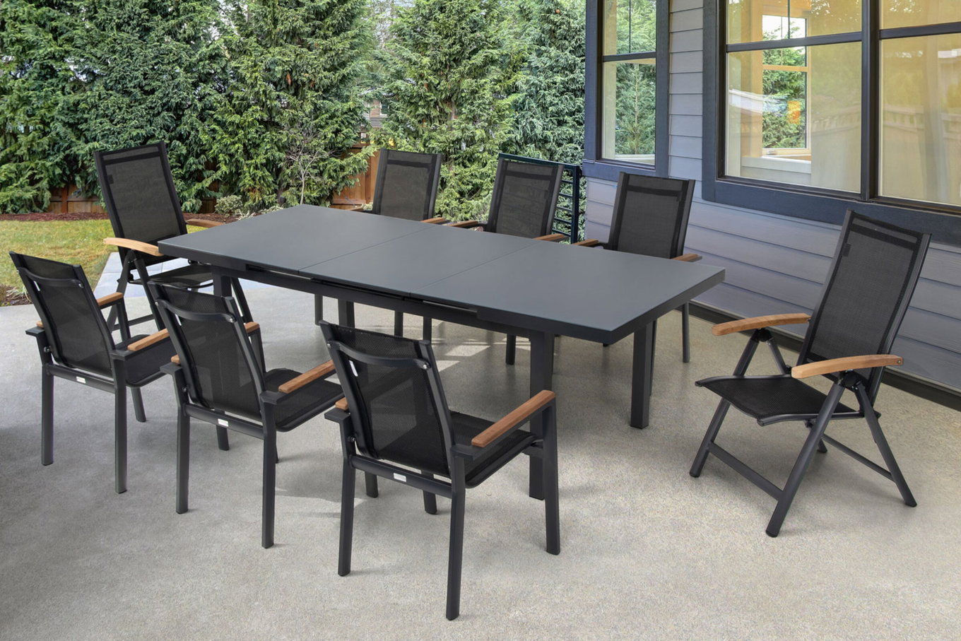 Ensemble repas de jardin OUTFLEXX Premium, OUTFLEXX® anthracite mat, Alu / Verre / Teck, Table 180/240 x 100cm, 6 fauteuils empilables, 2 chaises pliantes 22210__1