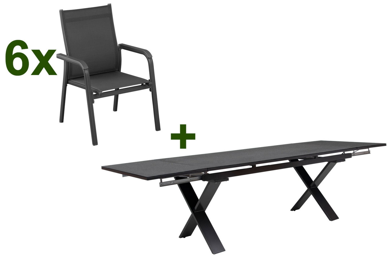 KETTLER BasicPlus Groupe repas de jardin, anthracite, Alu / Spraystone / Textile, Table 180/280x100cm, 6 fauteuils empilables 23076__1