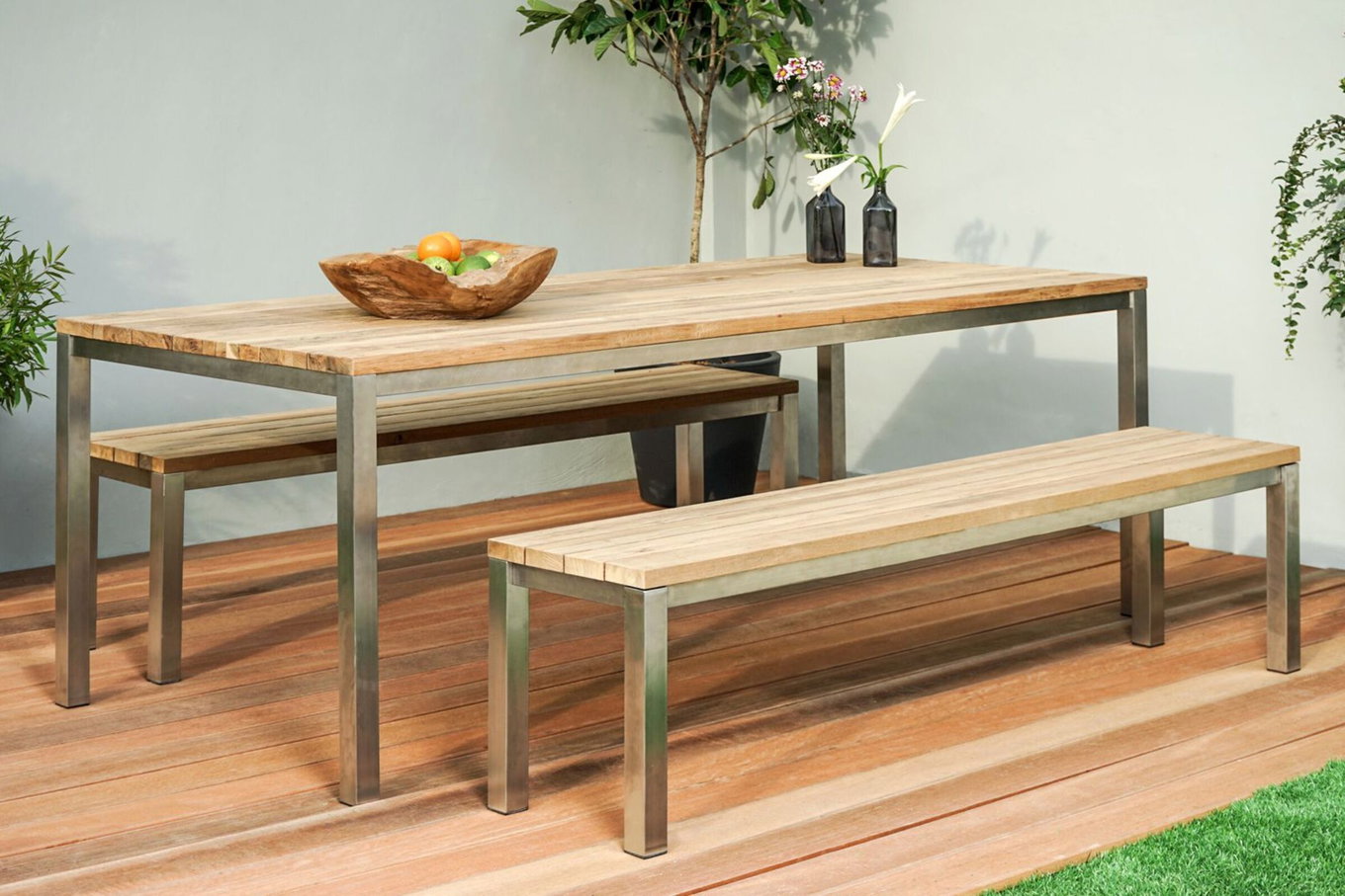 OUTFLEXX Ensemble repas de jardin, acier inoxydable/teck recyclé, table 180x90 cm, 2 bancs, produit certifié FSC® 19362__1
