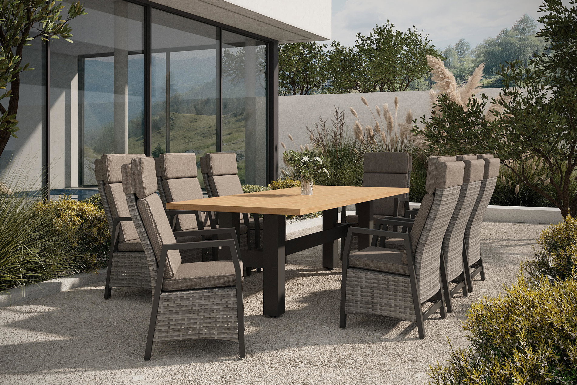 HARTMAN Nova Garten-Essgruppe mit 8 Sesseln, anthrazit/grau, Alu/Polyrattan/Teak, 240 x 100 cm, verstellbare Rückenlehne