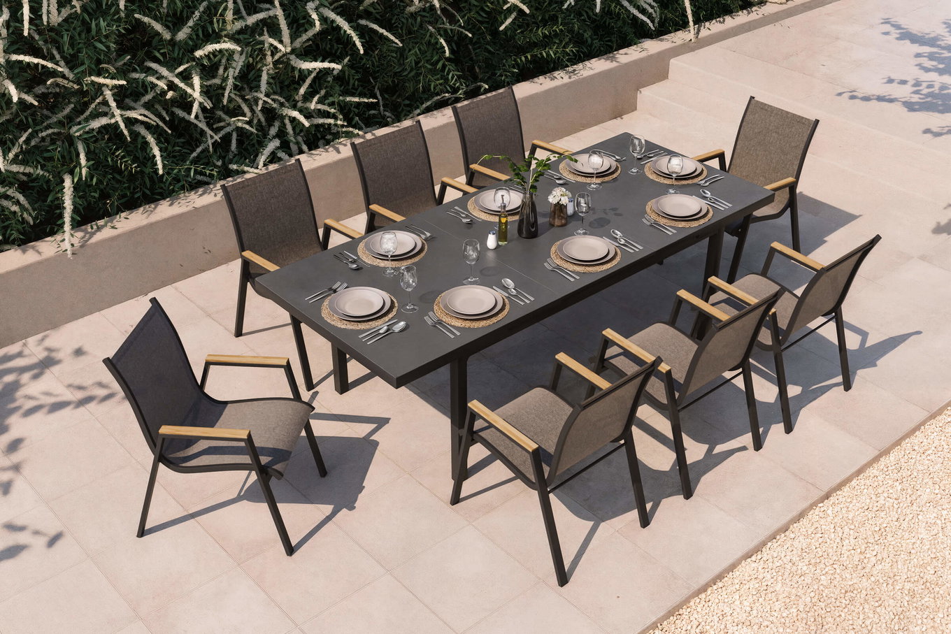 HARTMAN Aruba Teak Ensemble repas de jardin, xerix, Alu/Textilène, Table 180/240x100cm, 8 Fauteuils empilables 19340__1