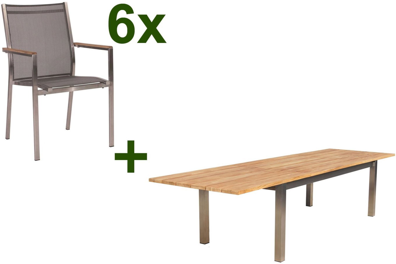 STERN Cardiff Ensemble de salle à manger de jardin, argenté/gris argenté, acier inoxydable/teck, table 220/340 x 100 cm, 6 fauteuils empilables, produit certifié FSC® 19744__1