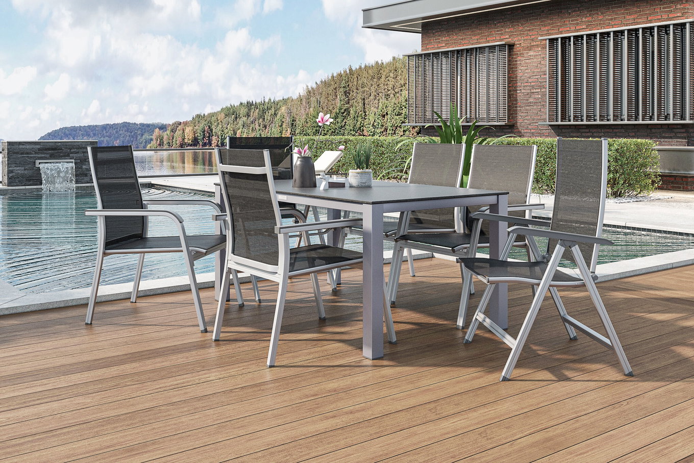 KETTLER BasicPlus Groupe de repas de jardin, argent/anthracite, Alu/Spraystone/Textile, 160 x 95 cm, 4 fauteuils empilables, 2 chaises pliantes 28320__1
