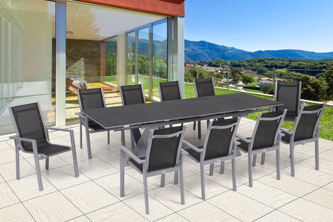 OUTFLEXX Ensemble repas de jardin, argent, Alu / Céramique / Textilène, table 180/280x100cm, 10 fauteuils empilables 22216__1