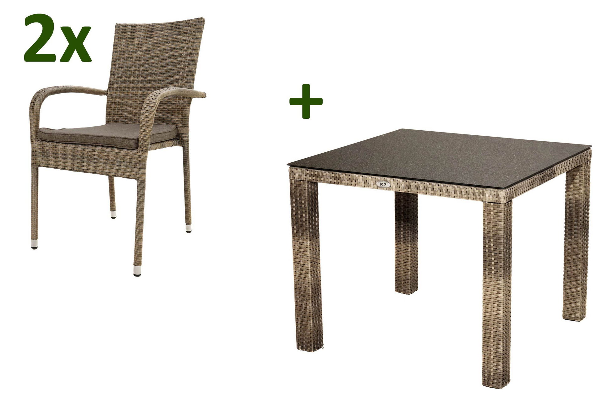 Ploß Rabida Balkon-Set, champagner-meliert, Polyrattan, Tisch 90x90 cm, 2 Stapelstühle, Glasplatte in Steinoptik Ploß Rabida Balkon-Set, champagner-meliert, Polyrattan, Tisch 90x90 cm, 2 Stapelstühle, Glasplatte in Steinoptik