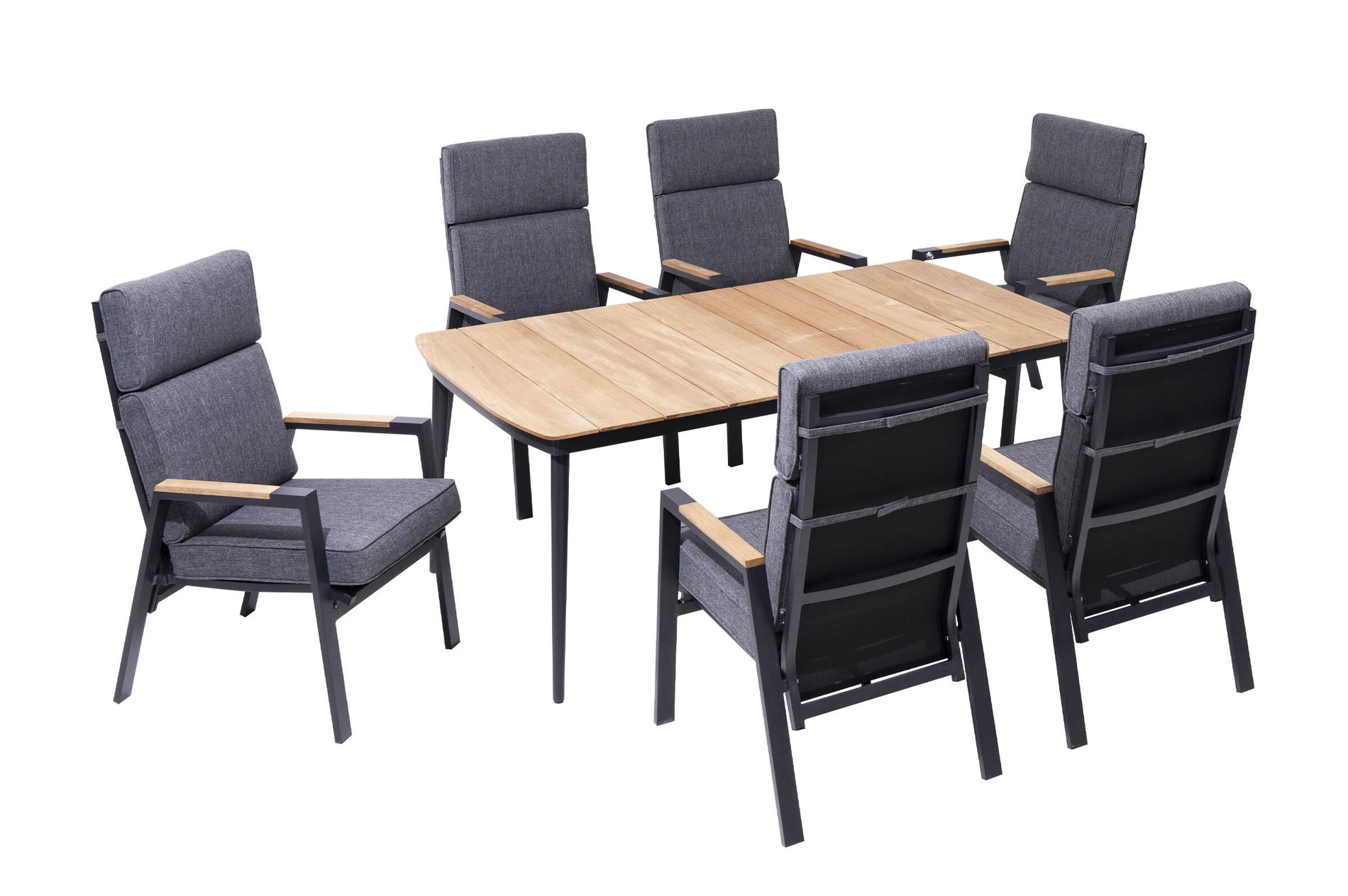 Salon de jardin OUTFLEXX, anthracite mat, Alu/Teck/Polyester, 184x100 cm, 6 fauteuils, coussins inclus, accoudoirs en teck 28215__1