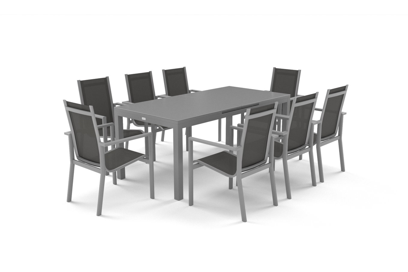 OUTFLEXX Premium Salon de jardin repas, argent/gris, Alu/Textilène, Table extensible 180/240 x 100 cm, 8 fauteuils empilables 21434__1