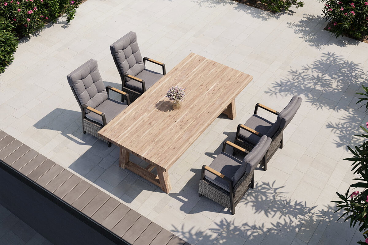 OUTFLEXX Nova Garten-Essgruppe mit 4 Sesseln, anthrazit/grau/natur, Alu/Polyrattan, 220 x 110 cm Tisch, verstellbare Rückenlehne mit Teak-Armlehnen, FSC®-zertifiziertes Produkt