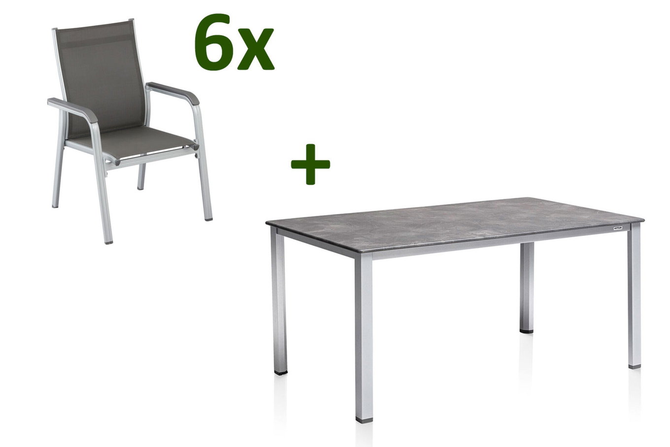KETTLER Cubic/Basic Plus Ensemble repas de jardin, argent/anthracite, Alu/Textilène, Table 160x90 cm, 6 fauteuils empilables 28697__1