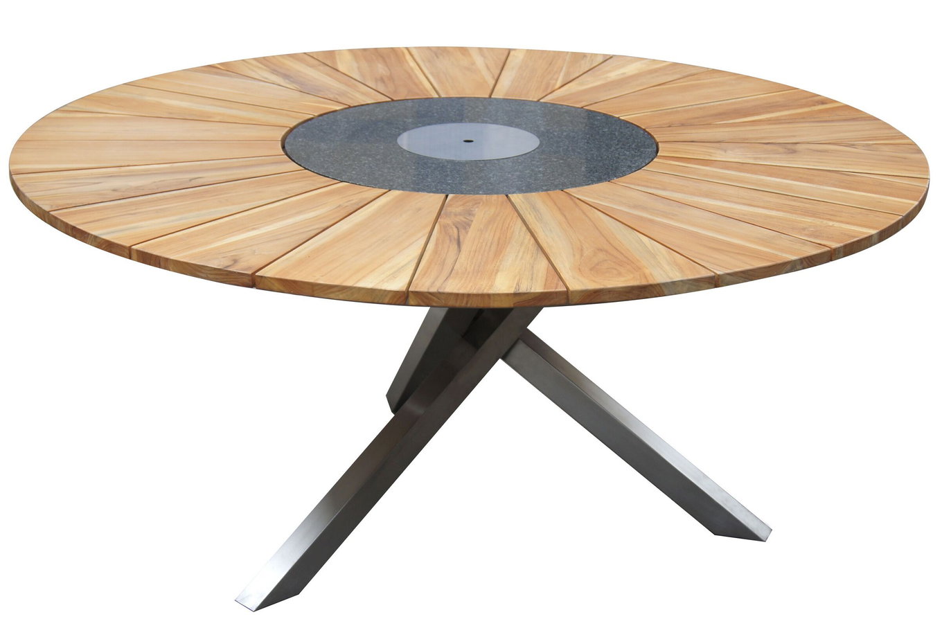OUTFLEXX Table à manger, acier inoxydable/bois de teck, Ø 170cm, avec plateau de granit rotatif et glacière, produit certifié FSC® 16027__1