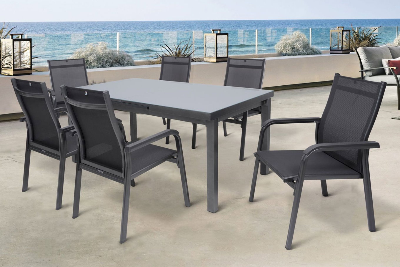 KETTLER BasicPlus Salon de jardin, anthracite, Alu/Textilène, Table 180/240x100cm, 6 fauteuils empilables 19315__1