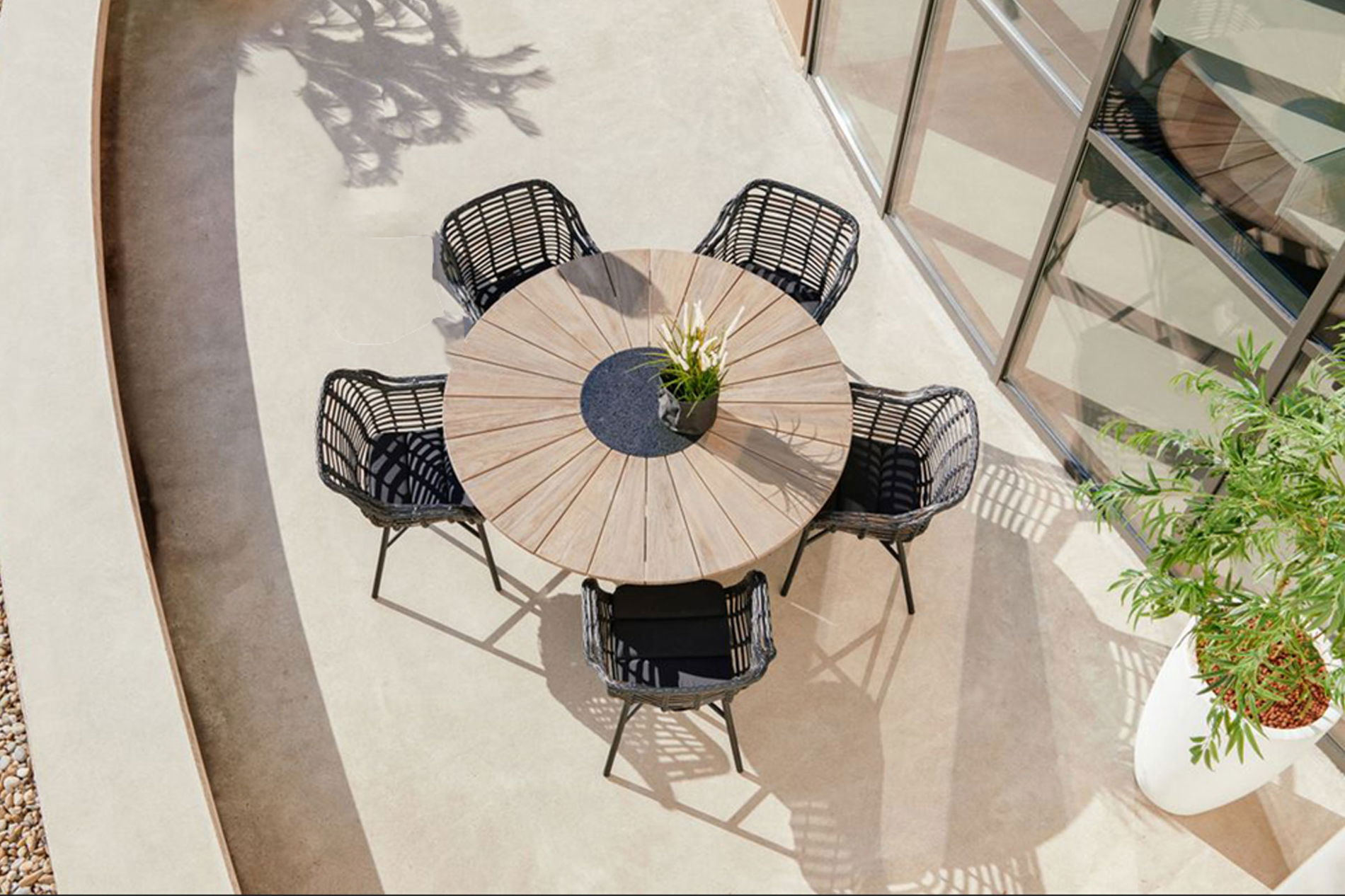 HARTMAN Provence / Cecilia Ensemble repas de jardin, light grey/noir, Alu/Teck/Résine tressée, 5 fauteuils de repas, Ø150cm, incl. insert en granit 21407__1