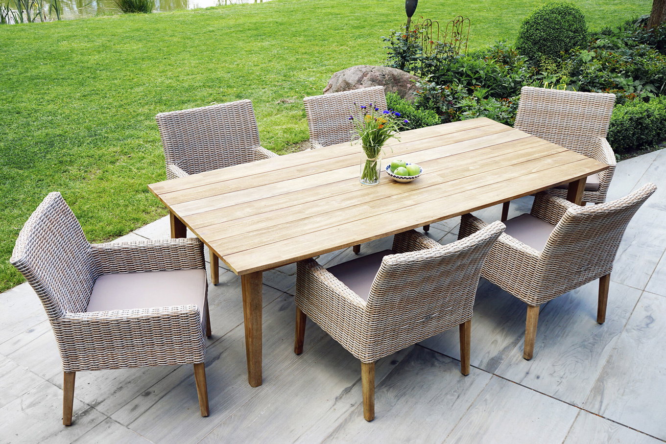 Ploß Borneo Ensemble de repas de jardin, beige chiné, résine tressée/acacia, table 180 x 90 cm, 6 fauteuils de style champêtre, produit certifié FSC® 22681__1