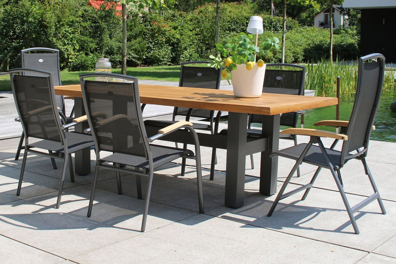 HARTMAN Modèle spécial Yasmani/Raffaelo Ensemble repas de jardin, xerix, Alu/Teck, 240x100cm, 4 empilables, 2 chaises pliantes 19041__1