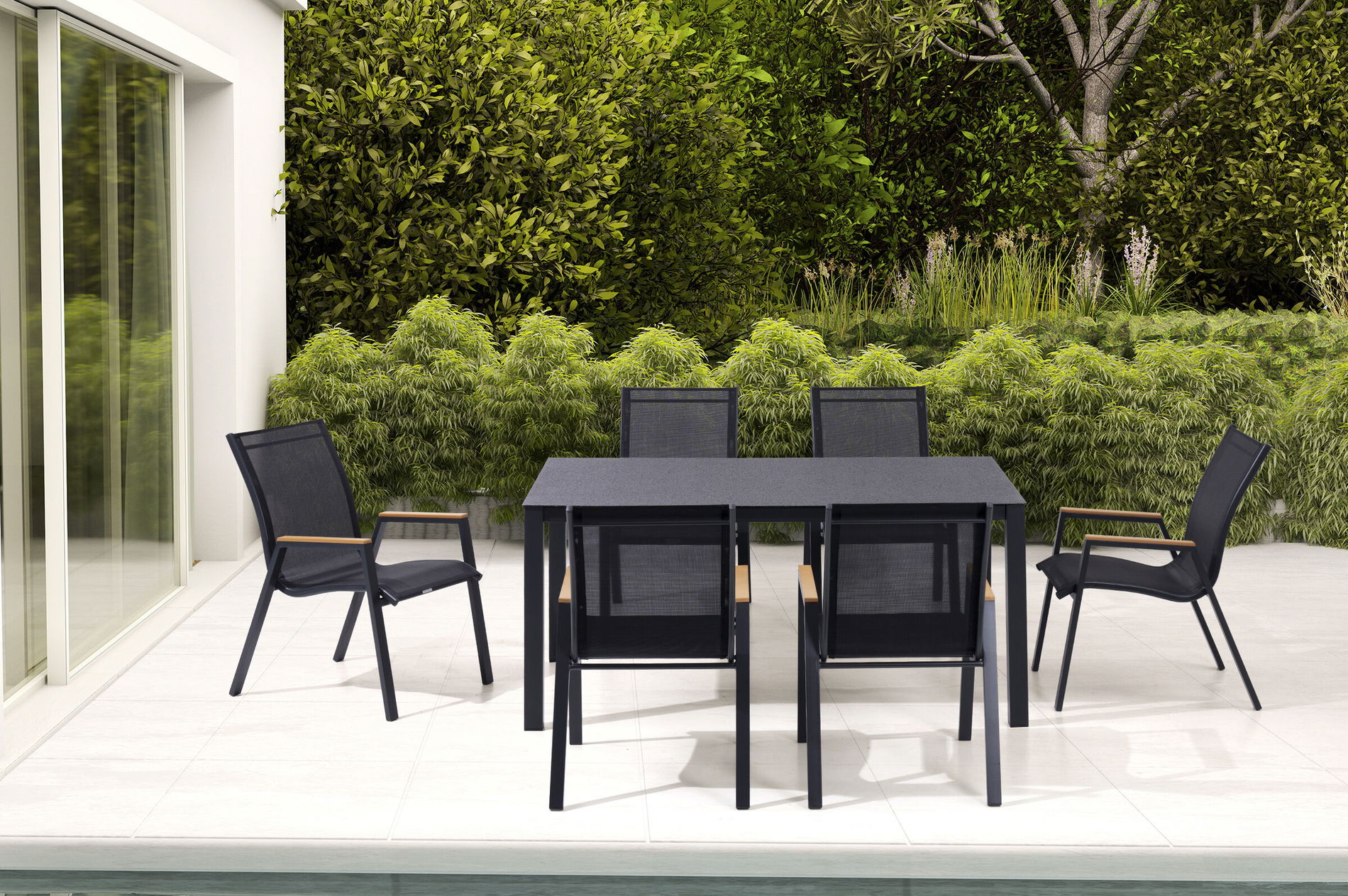 OUTFLEXX Groupe repas de jardin, anthracite mat/noir, Alu/Spraystone/Textilène, 160x95 cm, 6 chaises empilables 28193__1