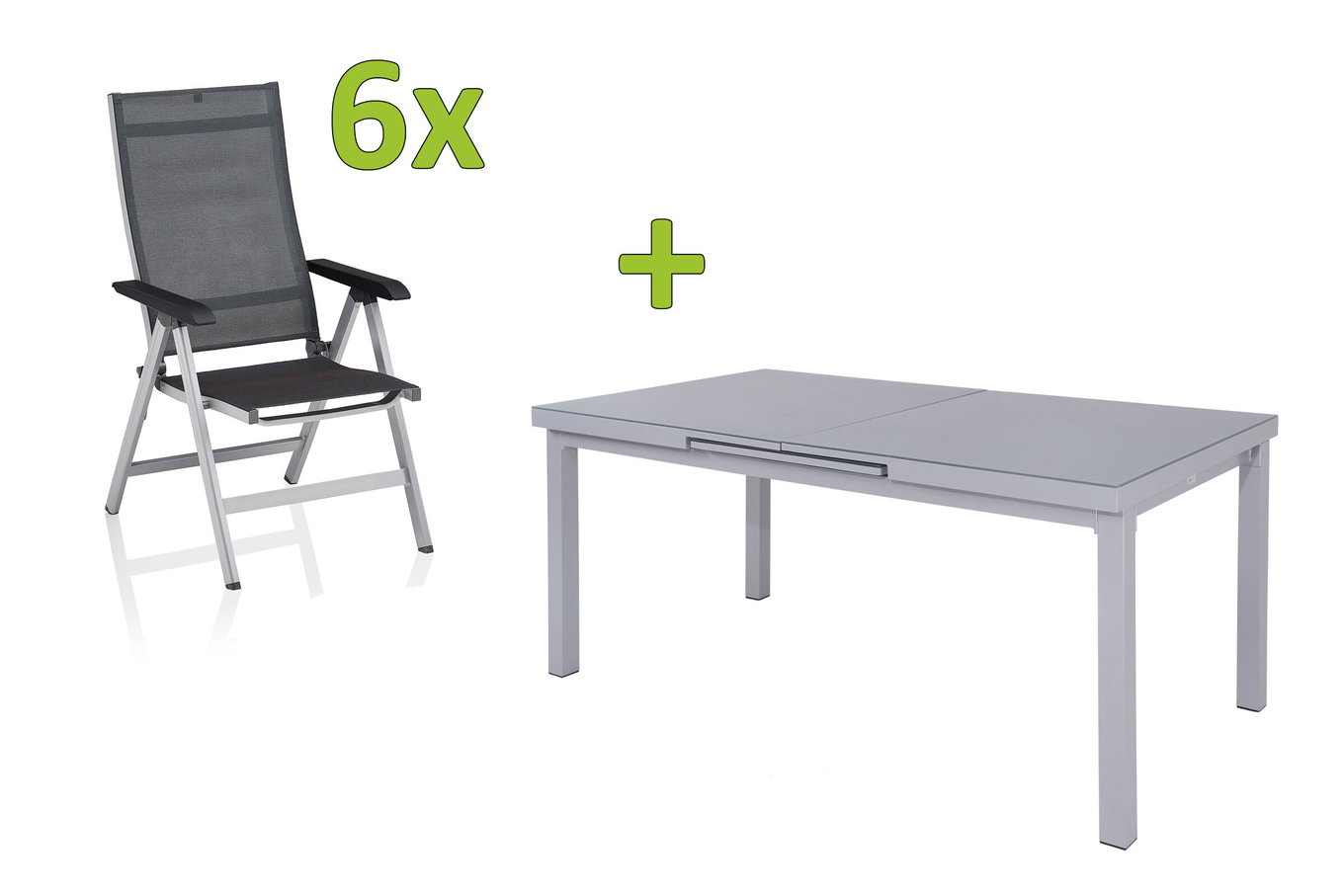KETTLER BasicPlus Premium Salon de jardin repas, argent, Alu/Textilène, Table 180/240 cm, 6 Chaises pliantes 31512__1