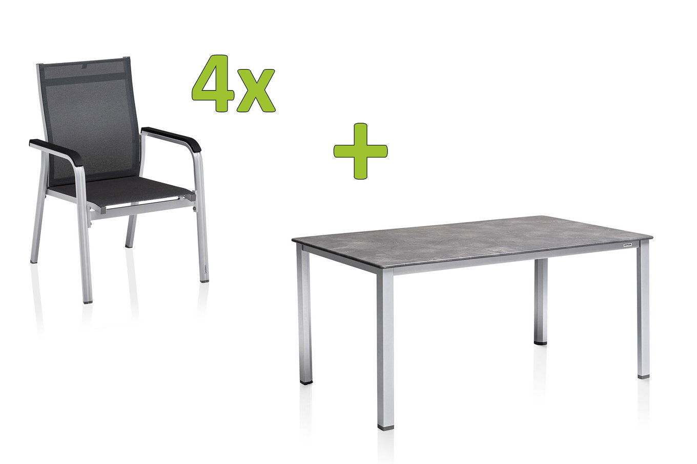 KETTLER BasicPlus Premium Ensemble repas de jardin, argenté, Alu, Table 160x90 cm, 4 fauteuils empilables 31562__1