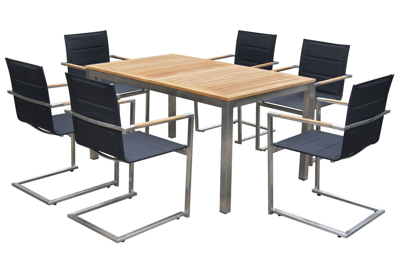 OUTFLEXX Ensemble repas de jardin, noir, acier inoxydable/teck, table 180/240 x 100 cm, 6 chaises empilables rembourrées, produit certifié FSC® 14137__1