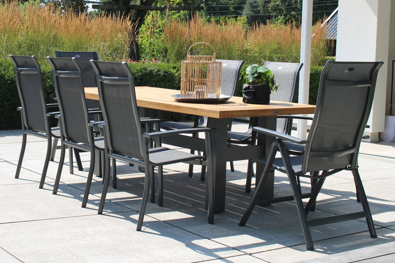 HARTMAN Modèle spécial Yasmani/Alice Comfort Ensemble repas de jardin, xerix, Alu/Bois de teck, 240x100cm, 6 empilables, 2 chaises pliantes 19052__1