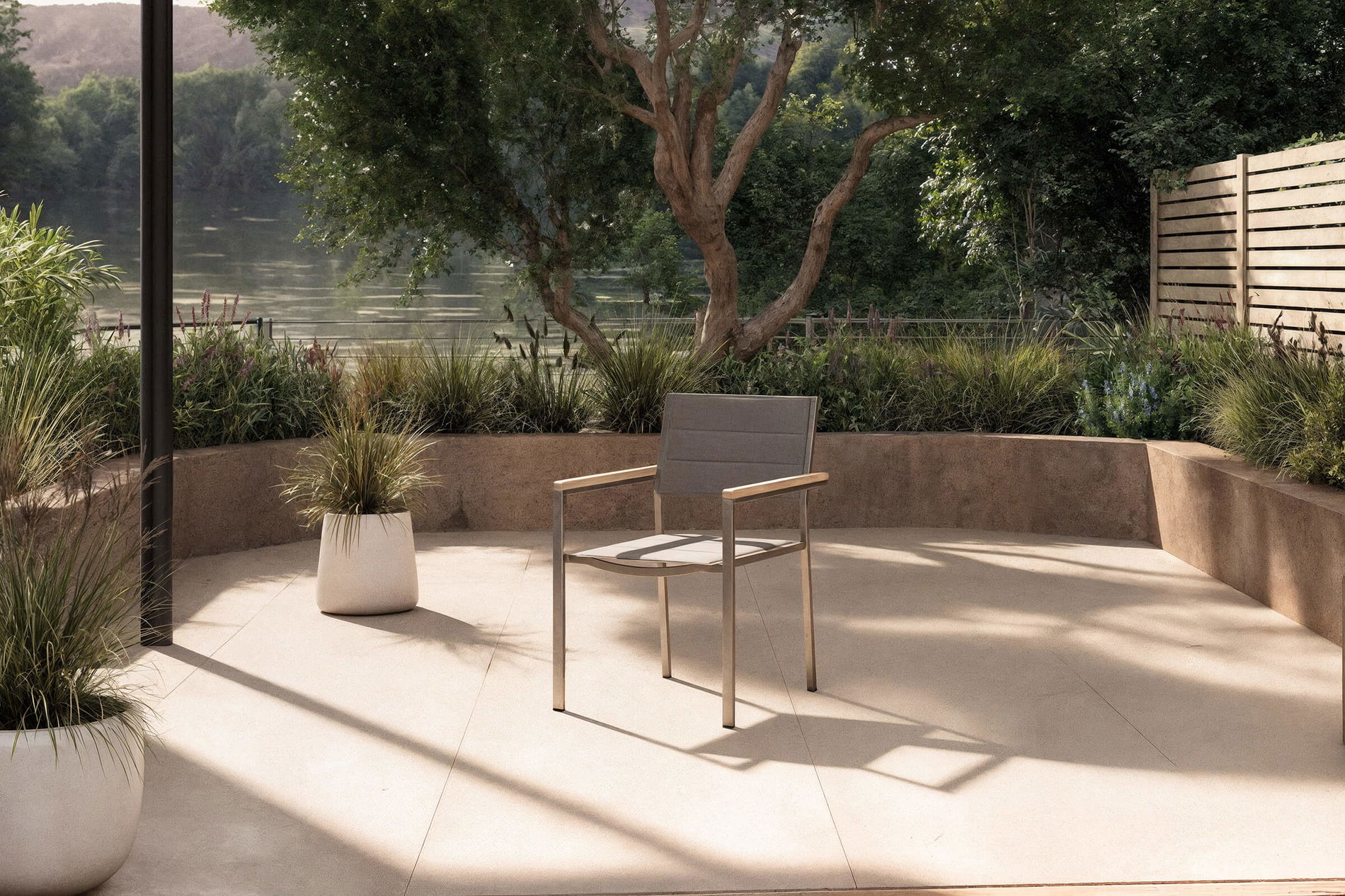 Chaise OUTFLEXX, taupe, acier inoxydable/textilène, rembourrée, accoudoirs en teck, 62x56,5x86cm