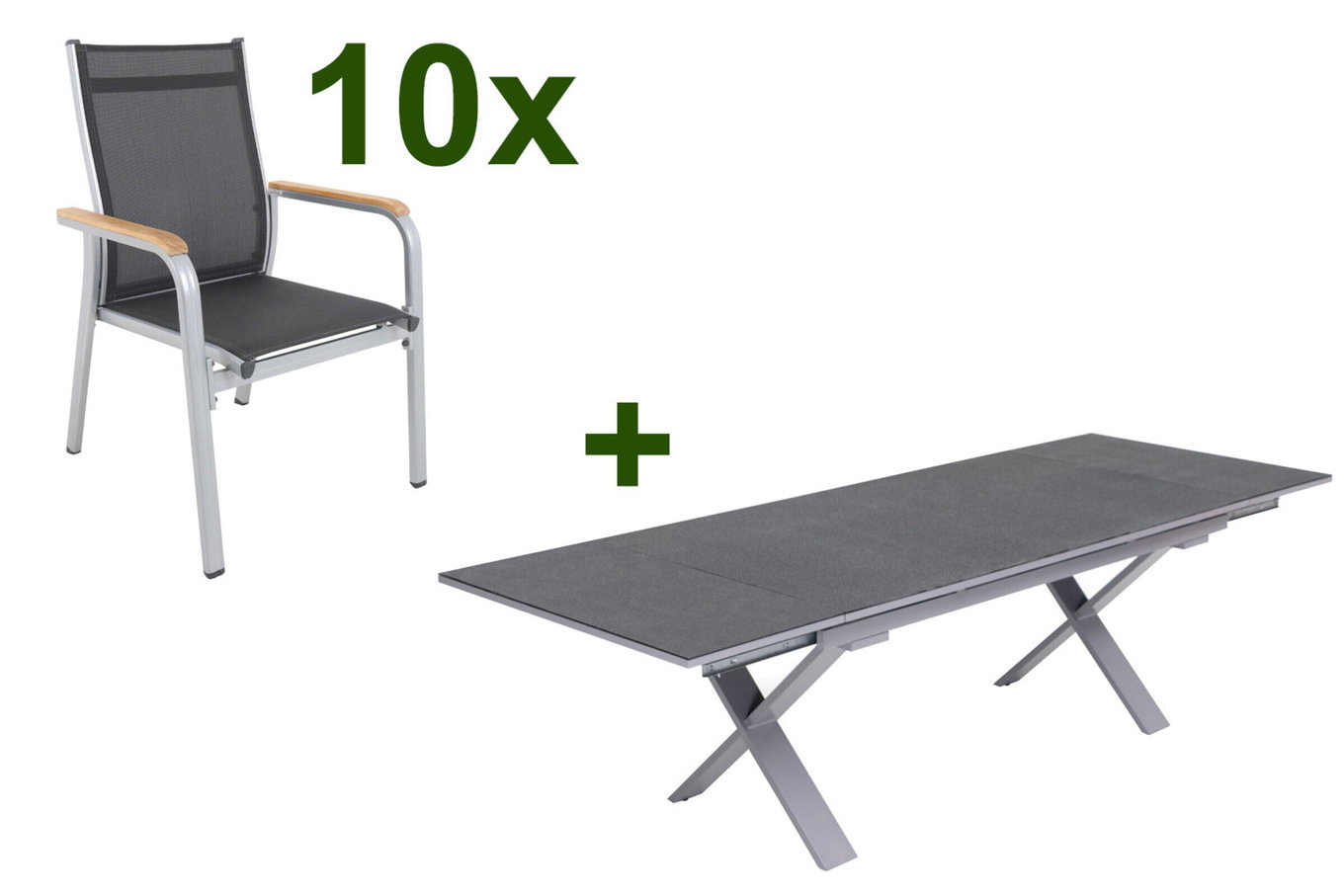 KETTLER Granada Ensemble repas de jardin, argent / anthracite, Alu / Spraystone / Teck, Table 180/280x100cm, 10 fauteuils empilables 23021__1