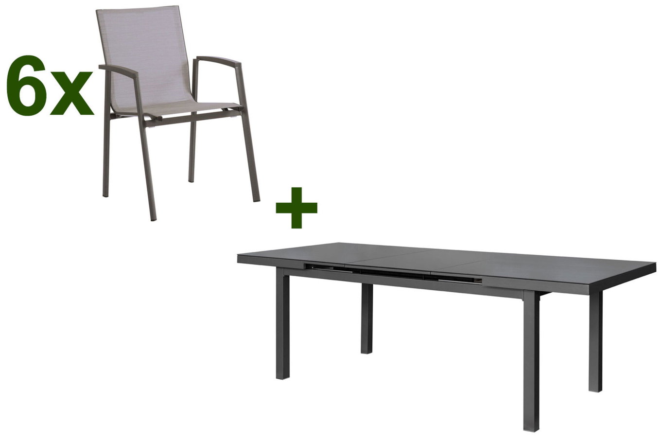 STERN New Top Salon de jardin, anthracite, Alu / Verre / Textilène, Table extensible 180/240x100cm, 6 Fauteuils empilables 22995__1
