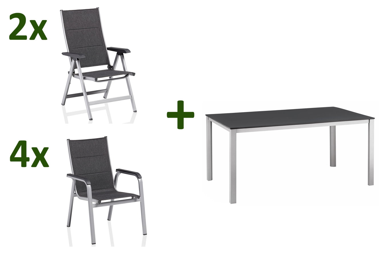 KETTLER KETTALUX-PLUS/Basic Plus Padded Salon de jardin, argent/anthracite/gris, Alu/Textilène, Table 160x95 cm, 2 chaises pliantes, 4 fauteuils empilables 22957__1