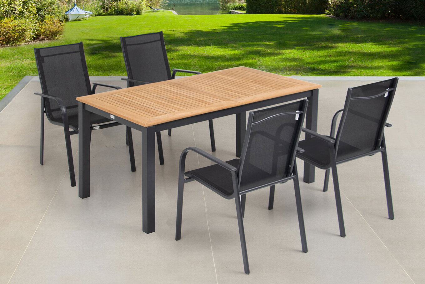 OUTFLEXX Ensemble repas de jardin, OUTFLEXX® anthracite mat, Alu / Teck / Textile, Table 150/210x90cm, 4 fauteuils, empilables 22182__1