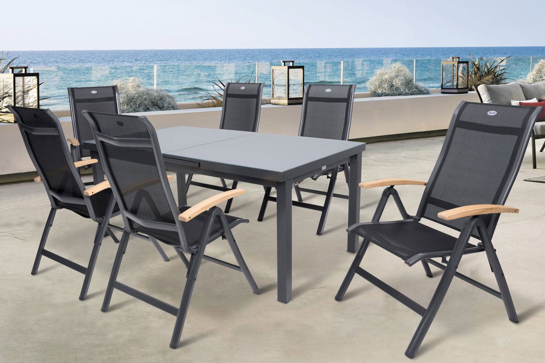 HARTMAN Alice Salon de jardin, xerix, Alu/4x4 Textilène, Table 180/240x100cm, 6 Chaises pliantes 19325__1