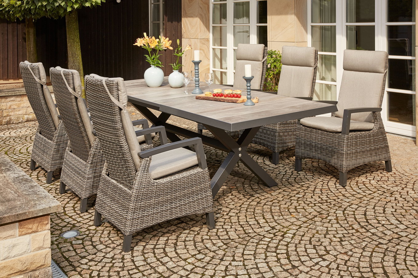 SIENA GARDEN Corido / Sincro Ensemble repas de jardin, charcoal, Alu / Tressage Gardino®, 6 fauteuils de salle à manger, table extensible 200/260 x 100 cm 21521__1