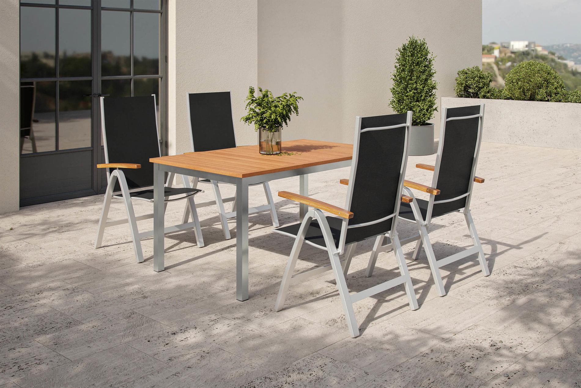 VILLANA Salon de jardin, argenté/naturel, Alu/Eucalyptus, 150 x 90 x 74 cm, 4 places, résistant aux intempéries, avec patins, Produit certifié FSC®