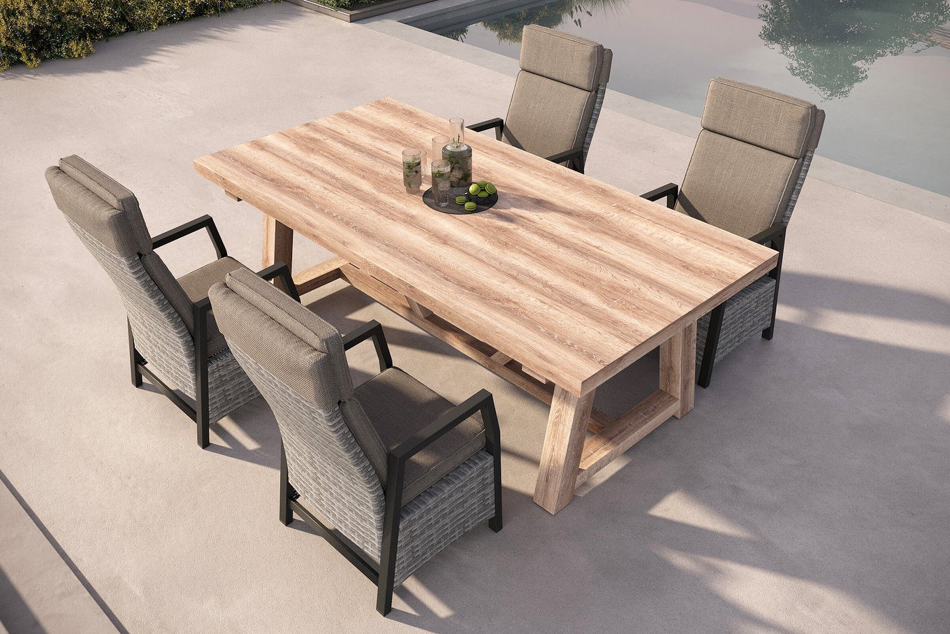 OUTFLEXX Nova Garten-Essgruppe mit 4 Sesseln, anthrazit/grau/natur, Alu/Polyrattan/Teakholz, 220 x 110 cm, verstellbare Rückenlehne 81117__1