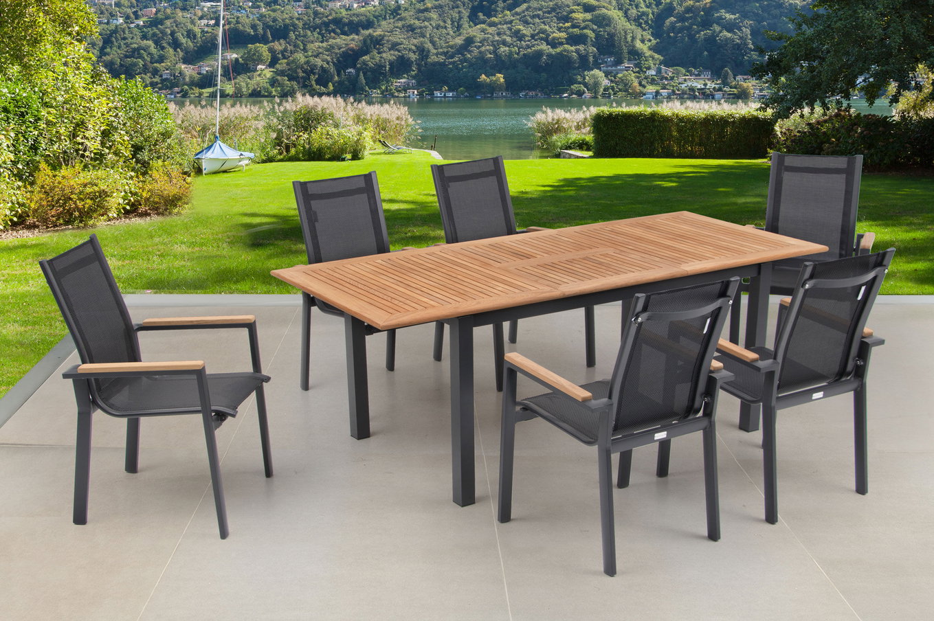 OUTFLEXX Groupe repas de jardin, anthracite mat, alu/teck/textilène, table 150/210 x 90 cm, 6 fauteuils empilables 22169__1