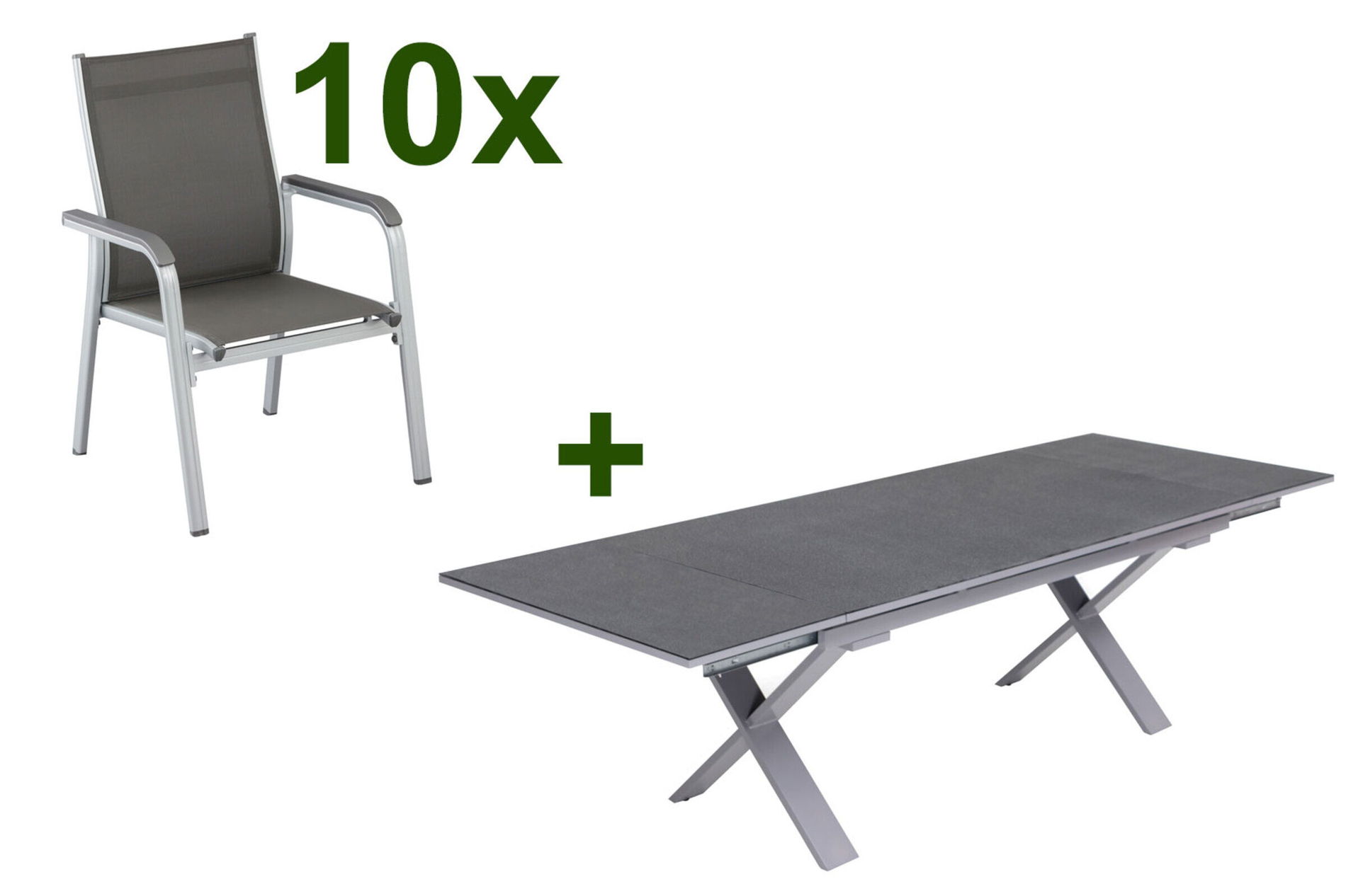 KETTLER BasicPlus Salon de jardin, argent / anthracite, Alu / Spraystone / Textile, Table 180/280x100cm, 10 fauteuils empilables 23012__1